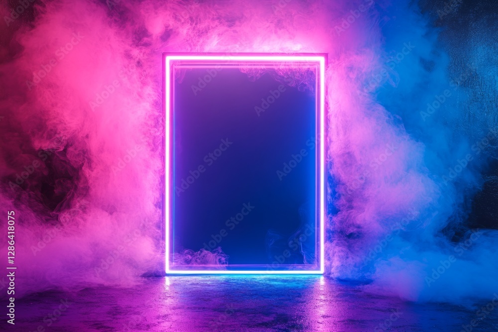 Poster neon frame glowing on a wet floor with colorful smoke creating a vibrant and futuristic atmosphere