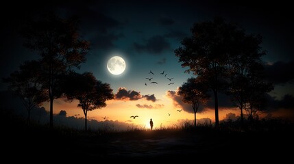 Serene silhouette of a person standing under a full moon at dusk, surrounded by trees and flying birds