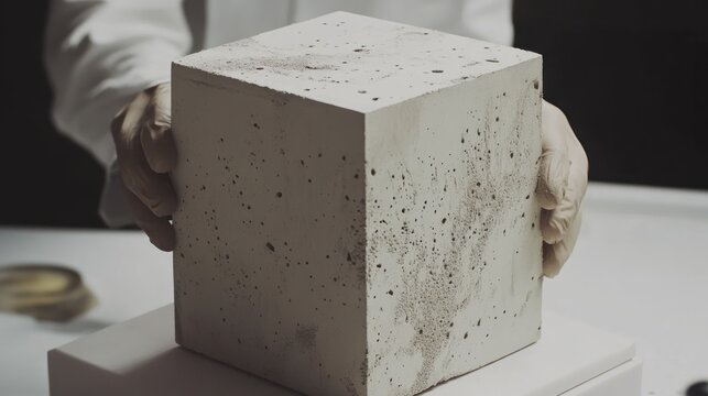 Scientist holding concrete cube sample, lab, research