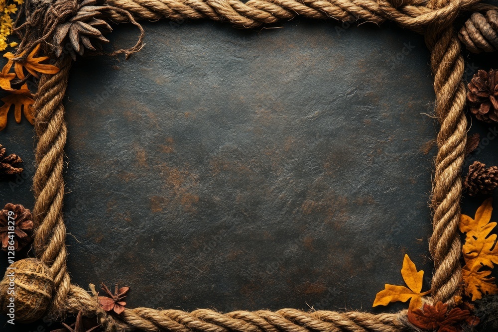 Poster rope frame decorated with autumn leaves and pine cones creating copy space on dark background