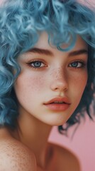 A pretty young girl with curly blue hair. Close-up portrait. She looks at the camera. The background is pink.