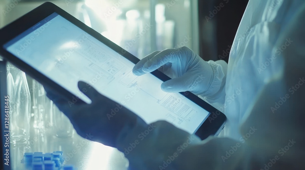 Poster scientist reviewing data on tablet in lab