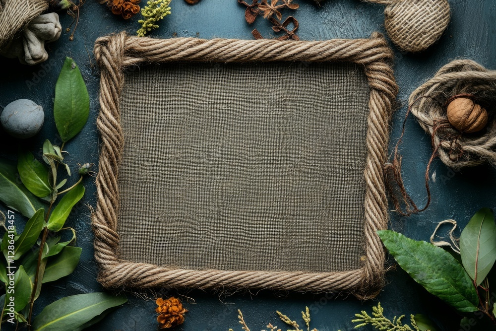 Poster natural frame made of rope surrounding an empty canvas, perfect for showcasing designs or messages w