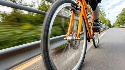 A bike wheel spins fervently down a tree-lined path, embodying speed and adventure through vibrant motion and energy.