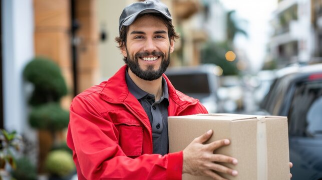 Man in a red jacket is smiling and holding a cardboard box