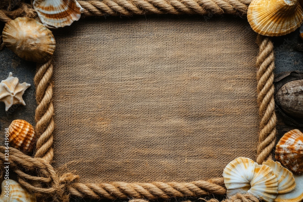 Aufkleber various seashells and a nautical rope form a decorative frame around a burlap background, creating a