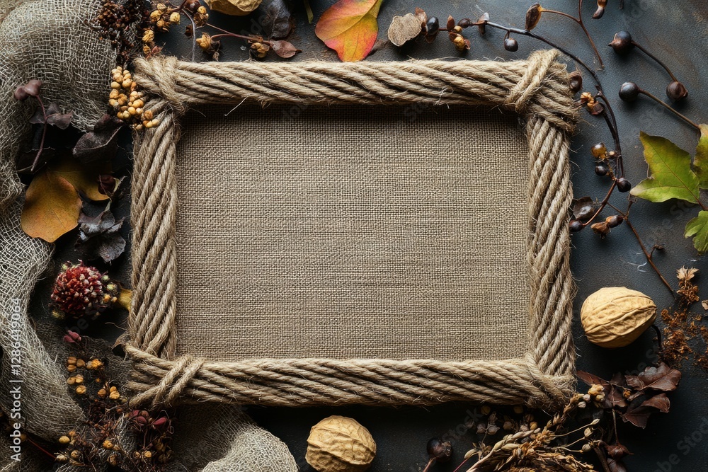 Poster rustic rope frame encloses a blank canvas backdrop, surrounded by autumnal elements like dried leave