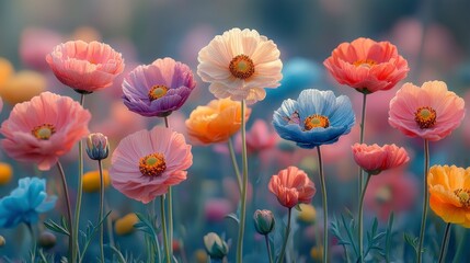 Fototapeta premium Pastel poppies field, sunset light, nature beauty, spring floral wallpaper