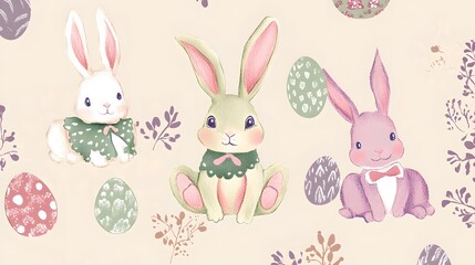 Three rabbits are sitting on a patterned background with eggs. The rabbits are wearing different colored outfits, and the eggs are scattered throughout the scene. Scene is playful and whimsical