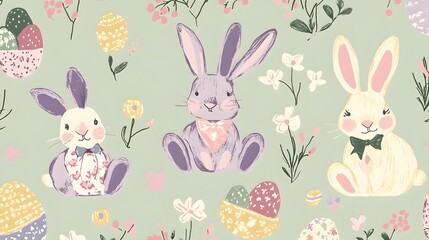 Cartoon of three rabbits sitting in a field with flowers and eggs. The rabbits are wearing bow ties and are surrounded by a green background