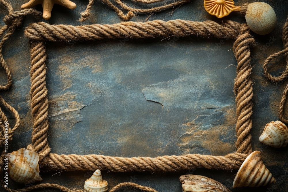 Aufkleber thick rope creating a frame on dark background with seashells, starfish and copy space
