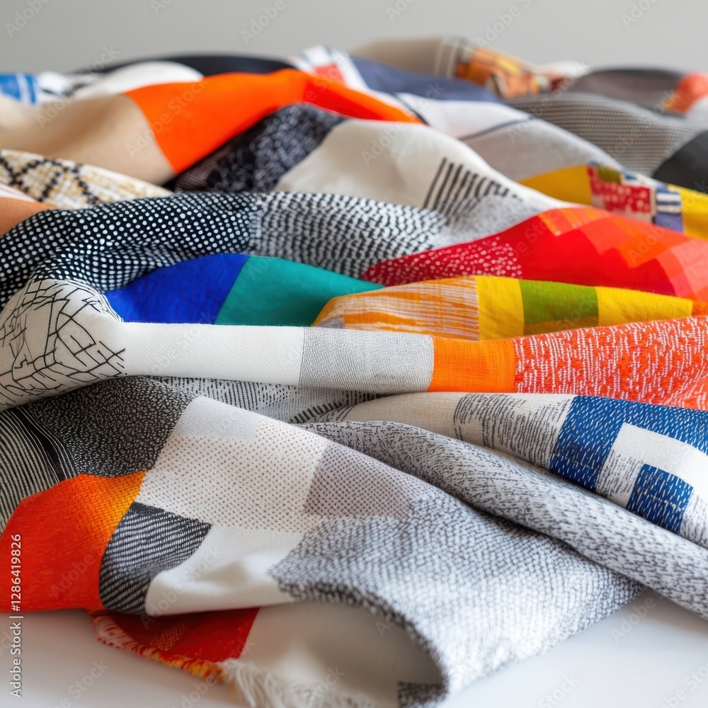 Poster vibrant recycled textiles display well-lit studio fabric patterns and textures angled view eco-frien