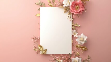 Obraz premium Elegant wedding invitation mockup with floral decoration, gold foil details and blank space for text background wallpaper AI generated image