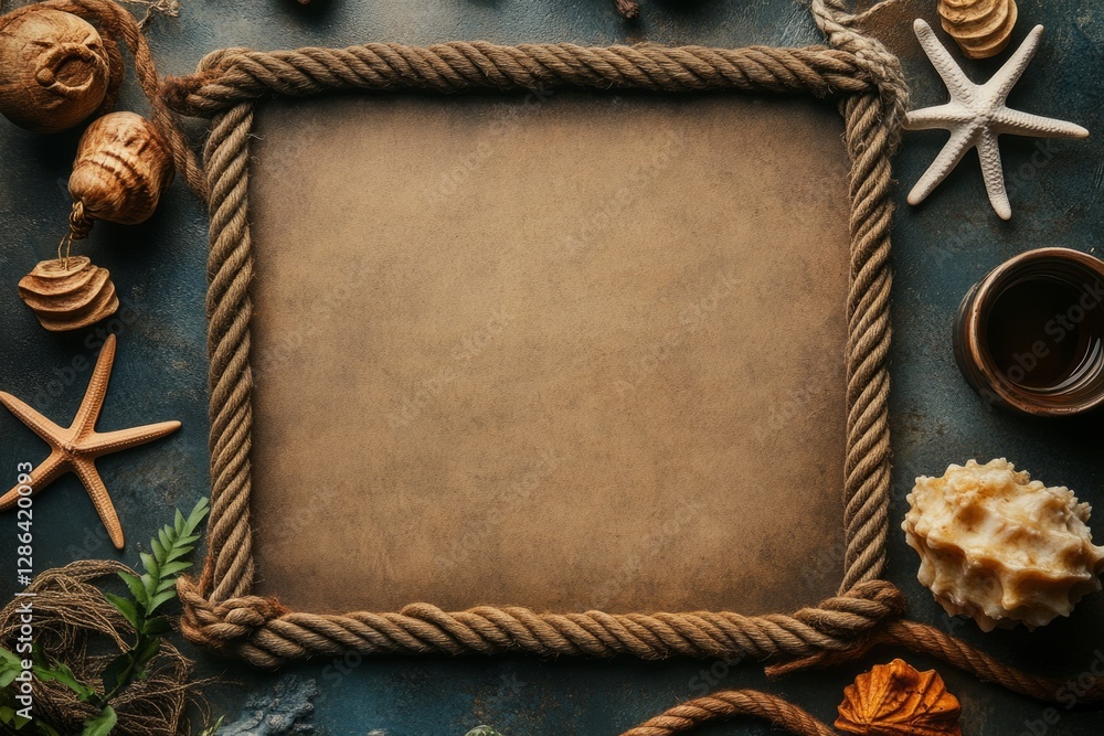 Poster rope frame creating a border around old paper on a textured blue surface, adorned with seashells and