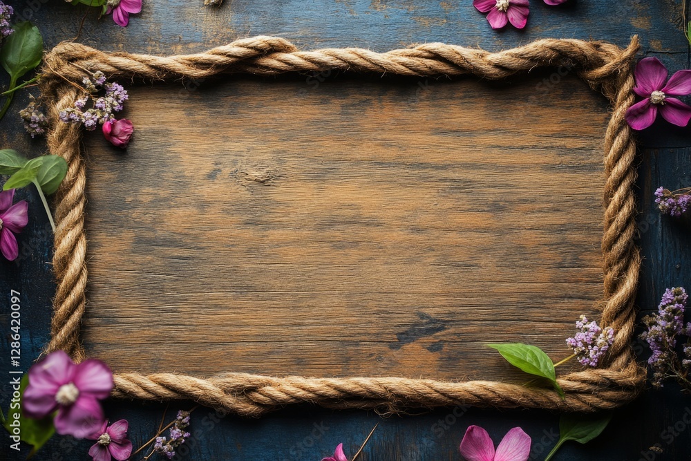 Poster rope creating a border around wooden plank with flowers on rustic surface, ideal for backgrounds and