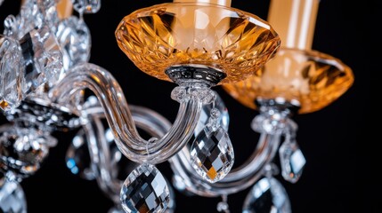 A close-up of a dazzling chandelier with intricate crystal droplets sparkles under light, casting enchanting reflections in a luxurious setting.