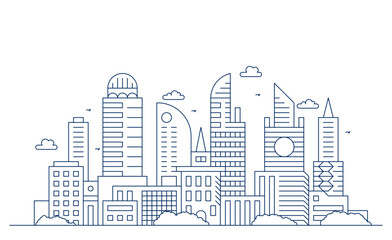 Obraz premium City landscape with buildings. Towers and buildings in modern flat style. Outline graphic. Line urban backdrop.Line modern urban big city panorama. Outline stroke cityscape skyscrapers illustration.