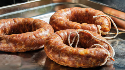 classic krakow sausage stuffed into pig intestines, three sausages on the table