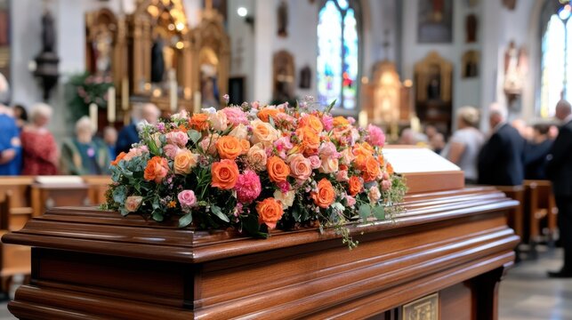 A casket adorned with vibrant flowers stands solemnly at the front of a grand, serene church during a memorial service.