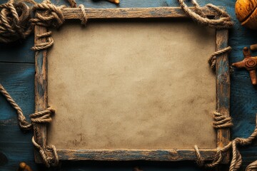Old wooden frame decorated with rope on blue rustic wood with blank paper background, creating a nautical theme with copy space