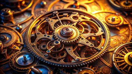 Macro Photography: Vintage Clock Gears, Clockwork Mechanism, Detailed Closeup, Steampunk Aesthetic, Antique Clock Parts, Mechanical Engineering