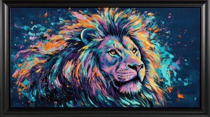Colorful Lion Portrait Painting with Textured Background in Black Frame