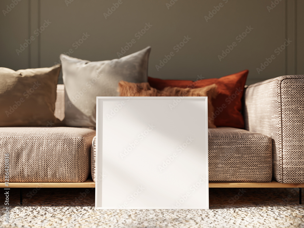 Poster elegant frame mockup with soft color palette and textured sofa