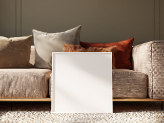 Elegant Frame Mockup with Soft Color Palette and Textured Sofa