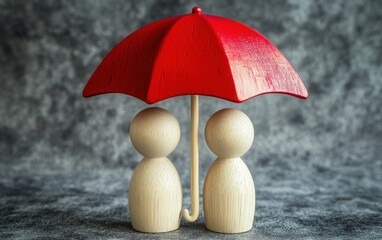 Wooden Figures Under Red Umbrella Symbolizing Protection and Togetherness