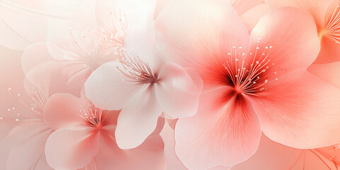 Close-up of delicate pink flowers with intricate stamen details, creating a soft and elegant floral scene. The composition is balanced with open space for additional design elements