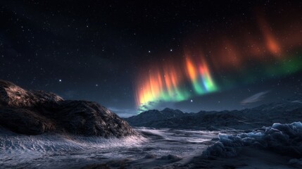 Fototapeta premium Breathtaking auroras illuminate the night sky over a tranquil, icy landscape with mountains