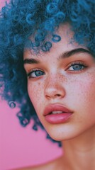 Pretty young girl with curly blue hair and freckles on the face. Close-up portrait. She looks at the camera. The background is pink. Creative young people. Coloring and curling of hair. Stylish youth