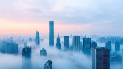 Fototapeta premium Distant Cityscape Covered in Thick Fog at Sunrise with Soft Lighting