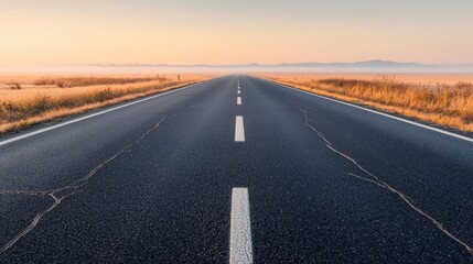 Naklejka premium Misty Highway Stretching Into the Horizon at Dawn
