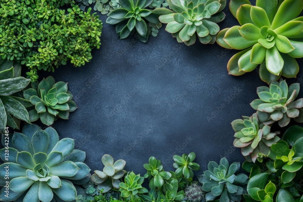 Aufkleber beautiful succulents arrangement creating a frame on a dark background with copy space