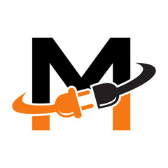 Initial Electric Logo On Letter M Concept With Electric Plug Symbol Vector And Template