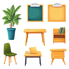 Educational furniture and decor elements , School supplies, isolated on transparent background