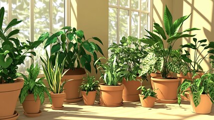 Create an detailed indoor scene with various houseplants in pots.