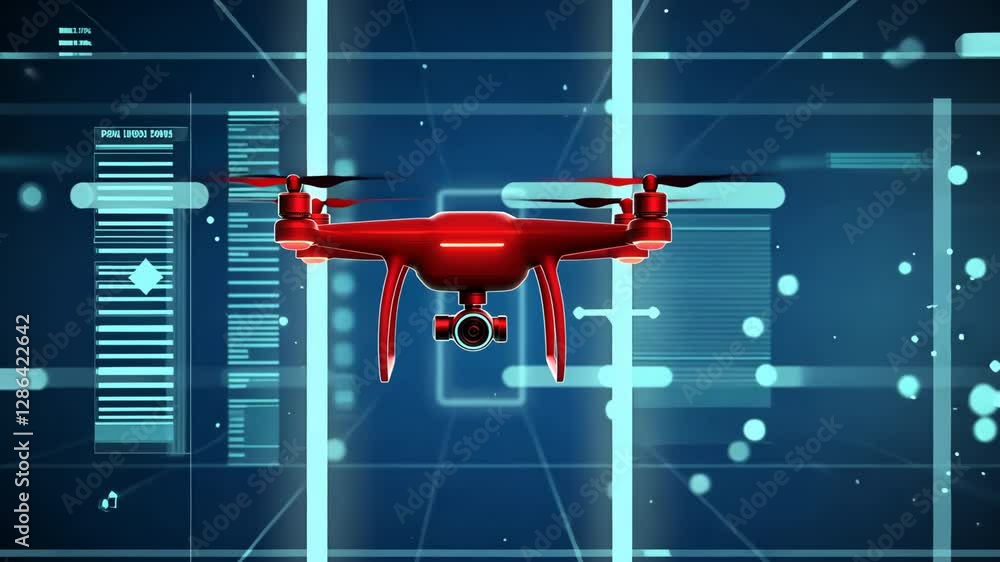 Poster red drone hovers in digital environment with futuristic graphics showcasing technology and innovatio