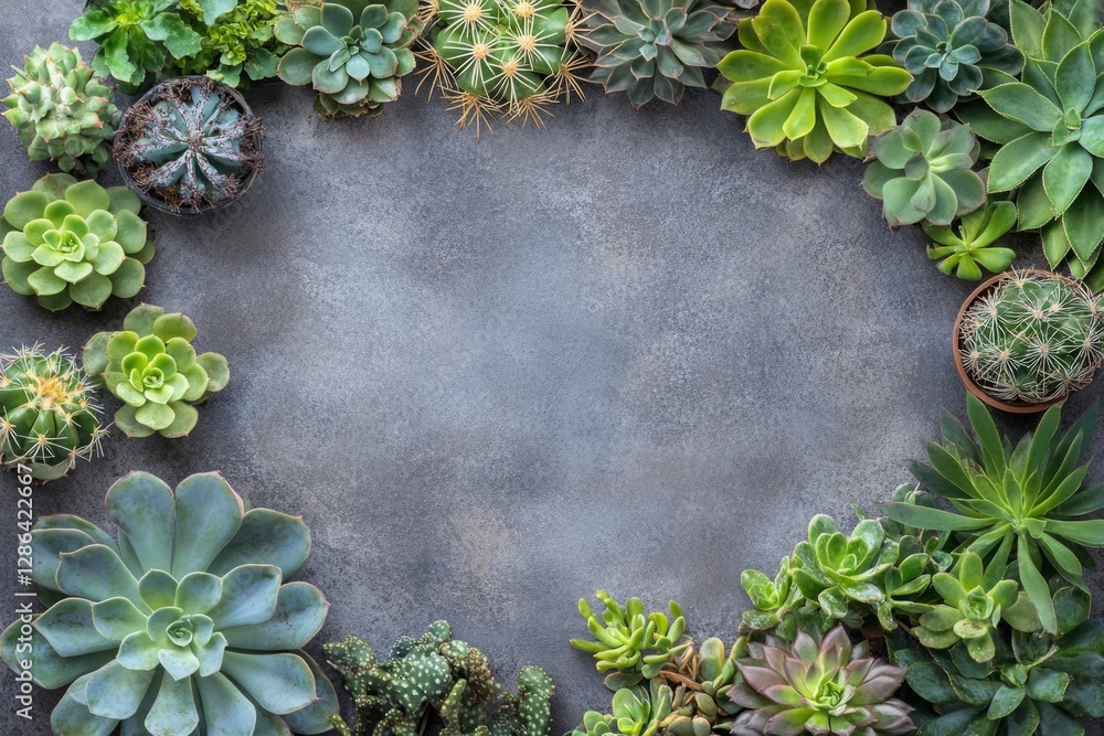 Poster variety of succulents and cacti arranged in a frame on a gray background, creating a natural and ser