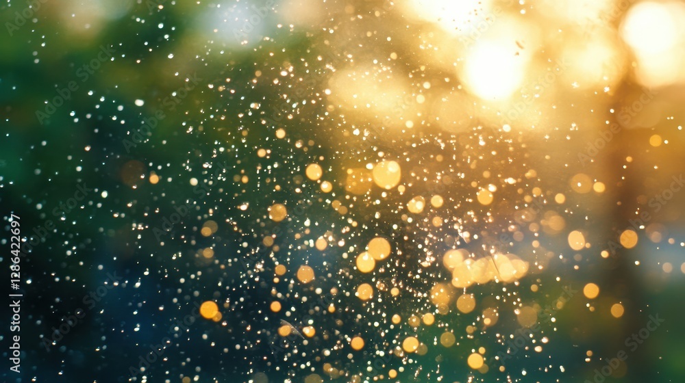 Poster a close-up view of a rain shower, emphasizing the droplets with a soft, blurred background that enha
