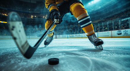 An ice hockey player in a dynamic pose, with a close-up focus on their skates and the action-packed stadium in the background. The lighting highlights the intensity and excitement of the game	
