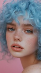 Pretty young girl with curly blue hair and freckles on the face. Close-up portrait. She looks at the camera. The background is pink. Creative young people. Coloring and curling of hair. Stylish youth