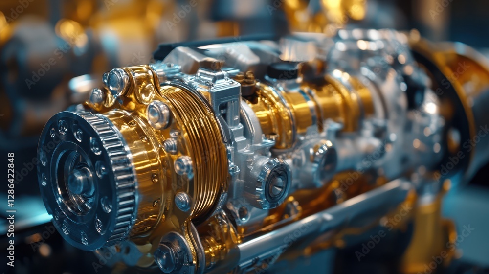 Poster a close-up view of a machine featuring an intricate gold and silver engine, showcasing the fine deta