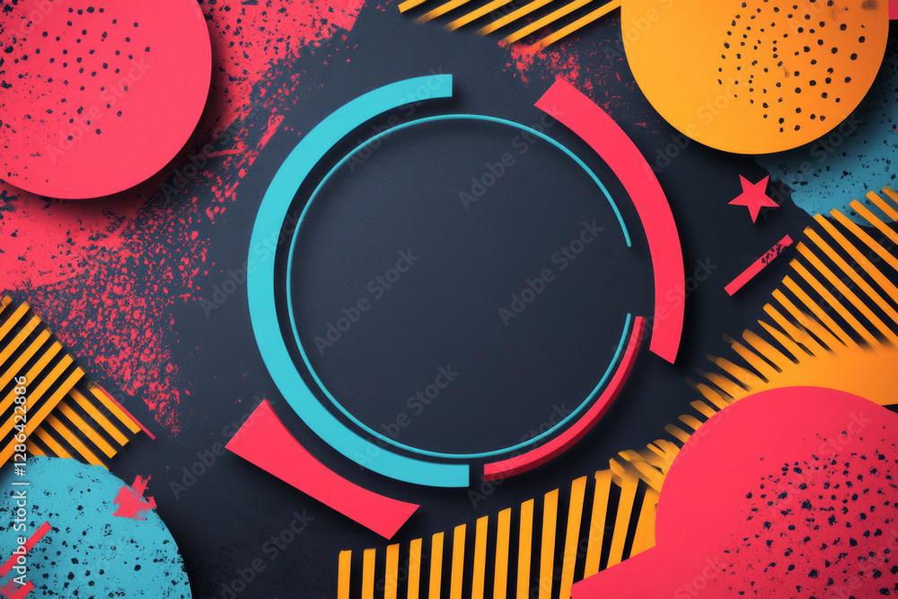 Poster vibrant geometric shapes and splattered paint create a dynamic abstract background, framing a centra