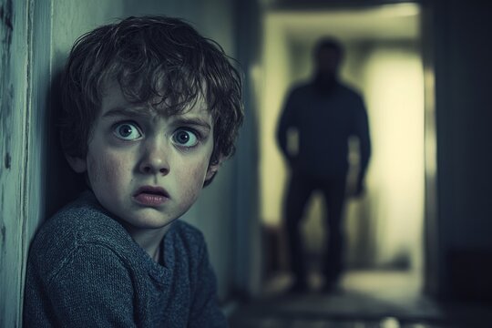 Terrified child hiding, being abused by his father, family violence and domestic problems