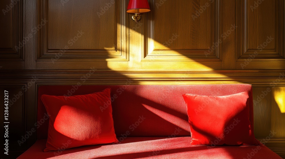 Poster a vibrant red couch adorned with two matching red pillows, creating a cozy and inviting seating area