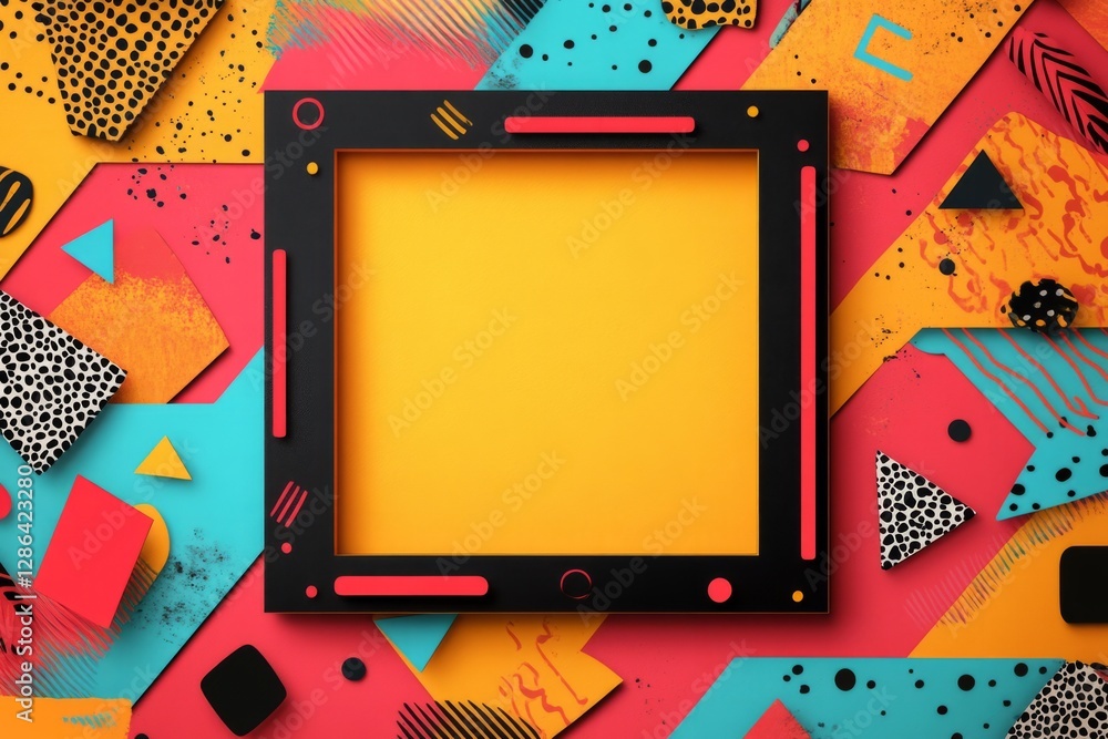 Poster black frame with colorful geometric shapes and patterns creating a vibrant memphis style background,