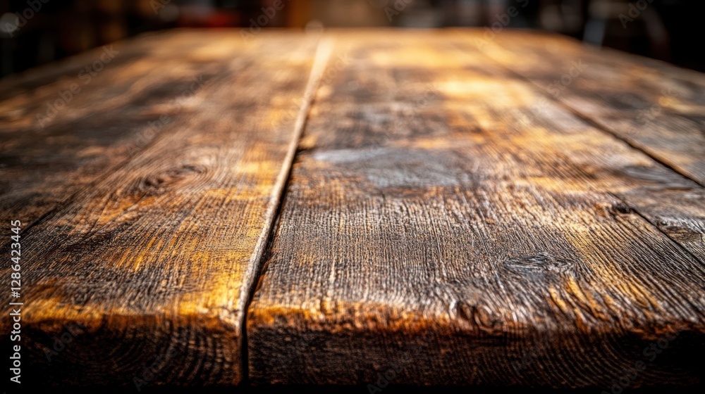 Poster a detailed close-up view of a wooden table showcasing its texture, with a softly blurred background 