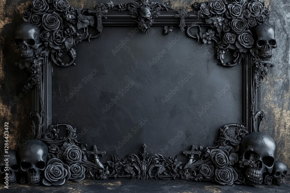 Poster black frame decorated with skulls, roses, and crosses creating a dark and elegant backdrop with empt